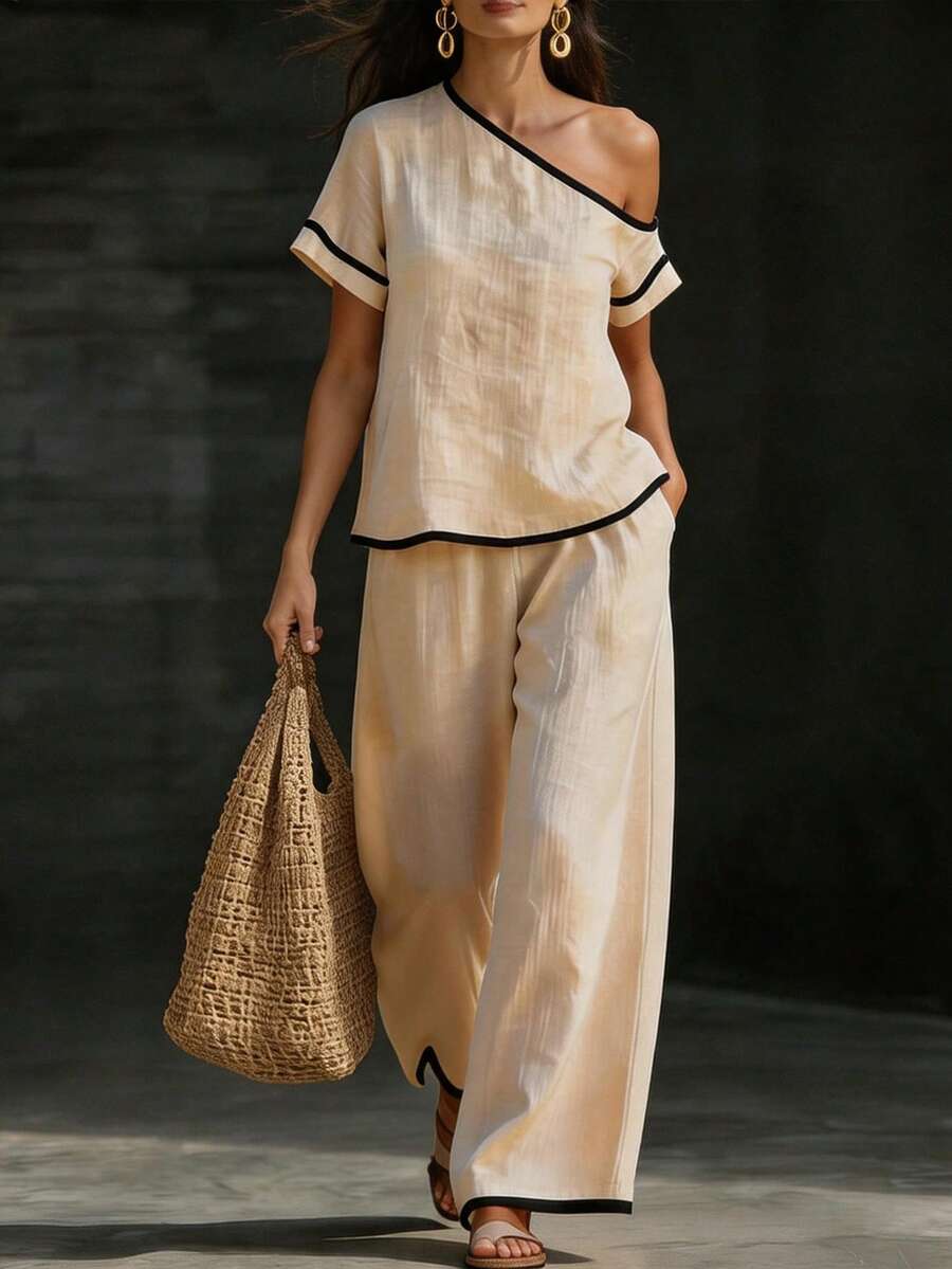 Womens Beige Asymmetric Top An - огляд і ціна Linen Pant Wide
