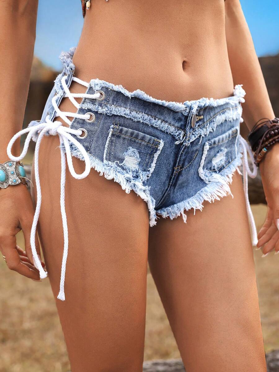 Women Low Waist Frayed Criss-C - огляд і ціна Shorts Denim Frayed