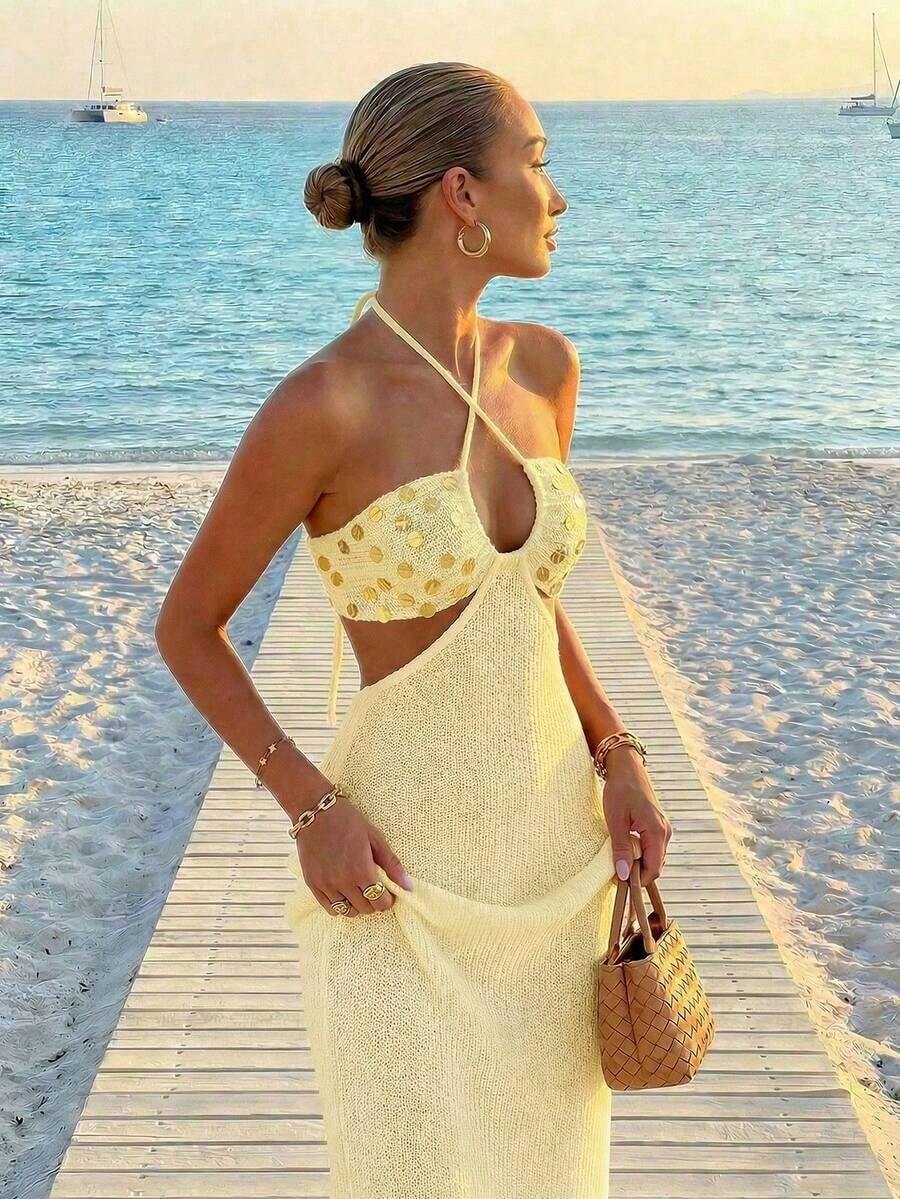 Womens Bohemian Sequin Spaghet - огляд і ціна Maxi Dress Halter
