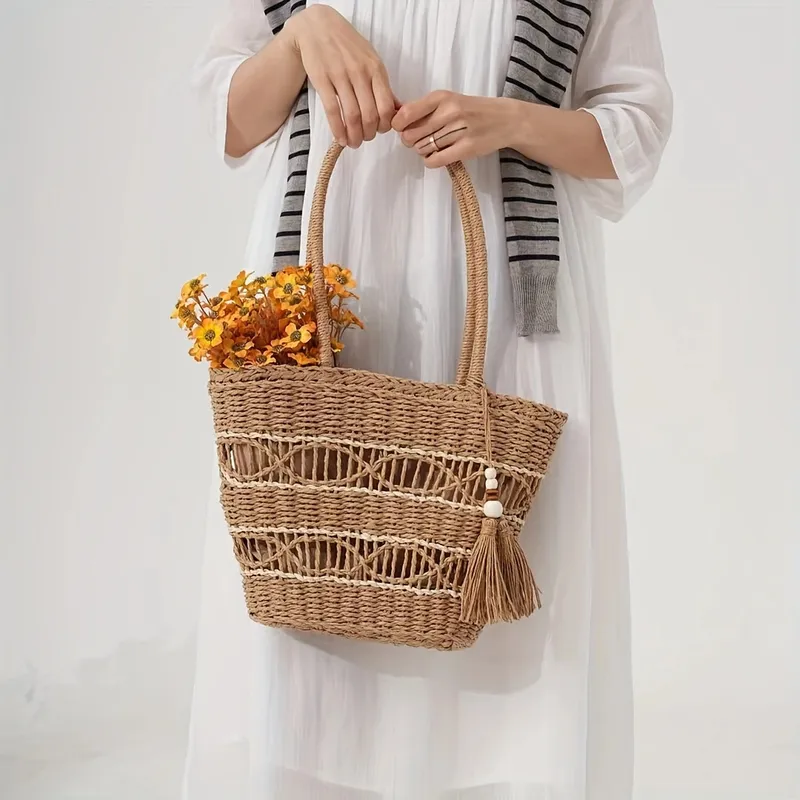 Hollow-Shoulder Straw Tote Bag - огляд і ціна Tote Bag Beach