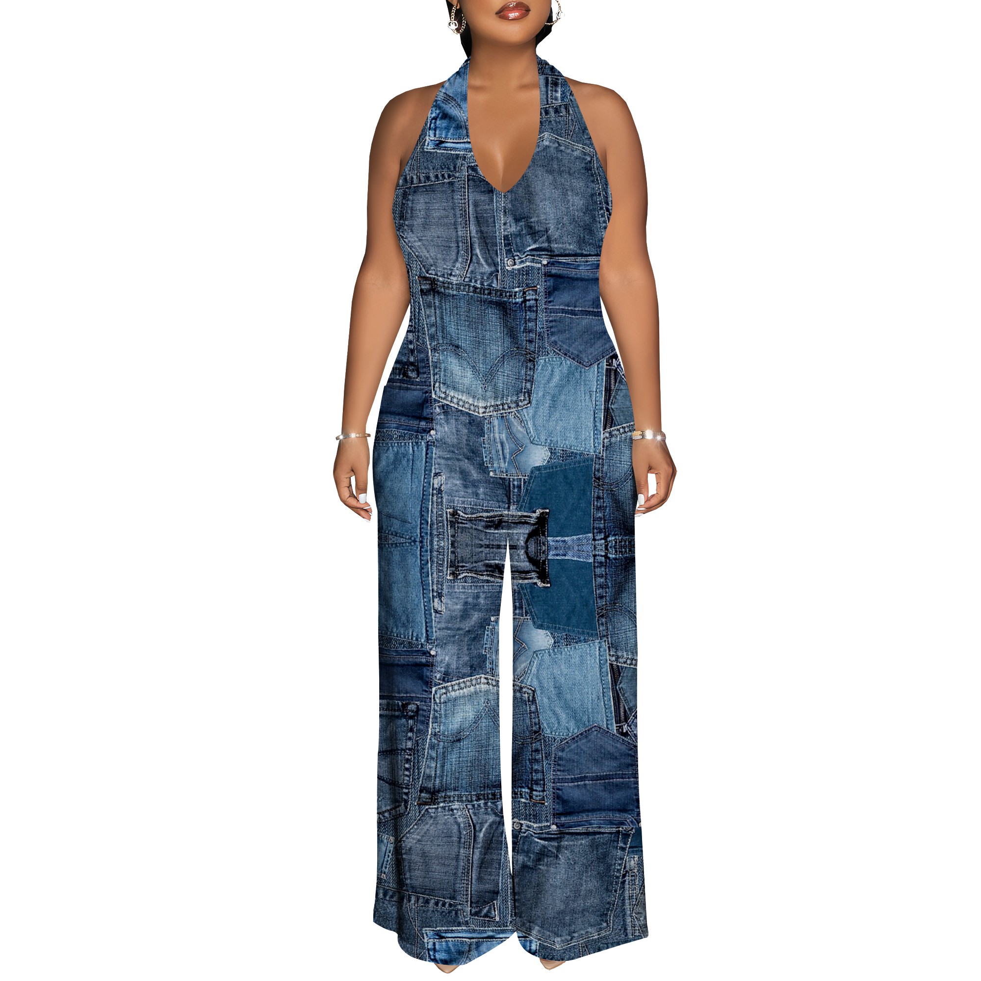 Denim Patchwork Halter V-Neck  - огляд і ціна Maxi Dress Halter