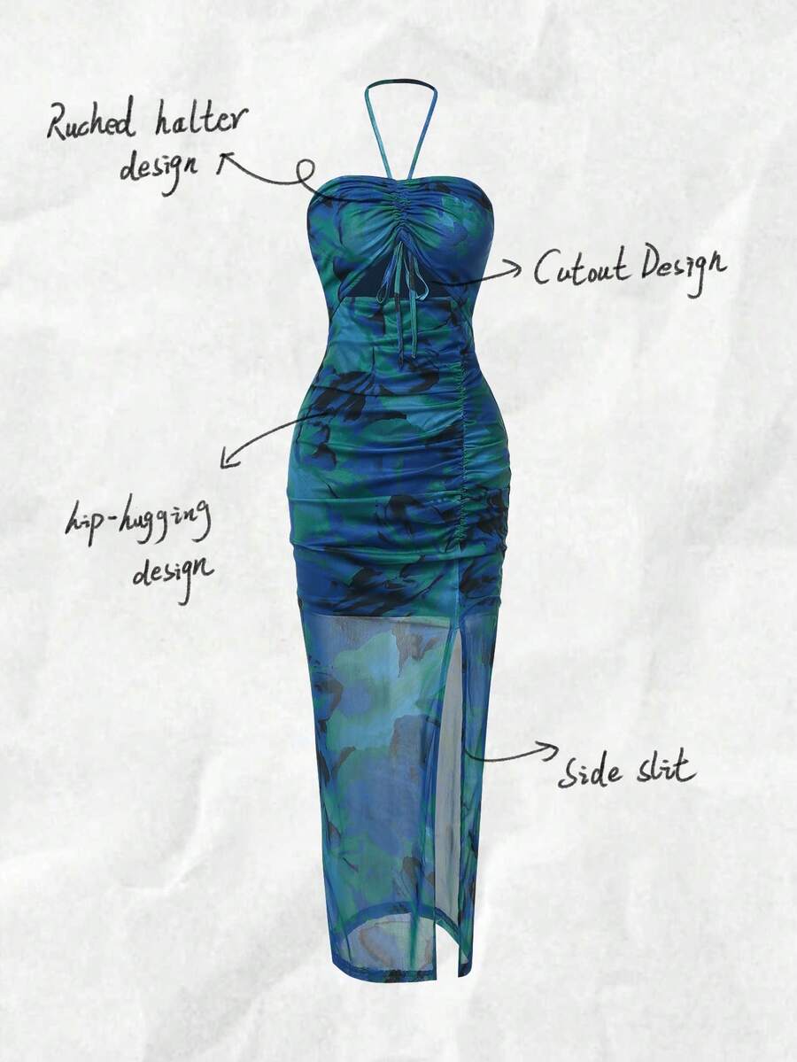 Halter Neck Pleated Mesh Print - огляд і ціна Maxi Dress Halter